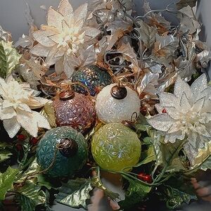 Set of 5 Holiday bulbs by Harmony Glass in green, blue,pink, yellow, white.